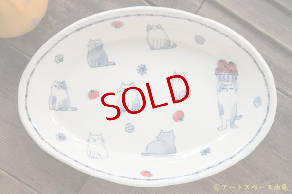 画像1: 喜多代京子 楕円中皿 りんごと猫  (1)